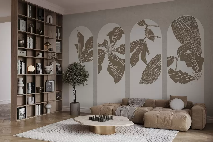 Fototapet Eleganta bågar med blommönster i beige och vitt, mot en strukturerad beige bakgrund, minimalistisk stil w08866