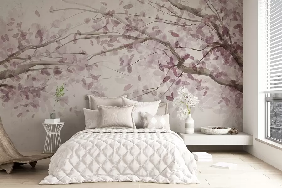 Fototapet Blommande grenar med rosa blad, mjuka färger, fina detaljer, akvarellstil, mot en ljus bakgrund w08867