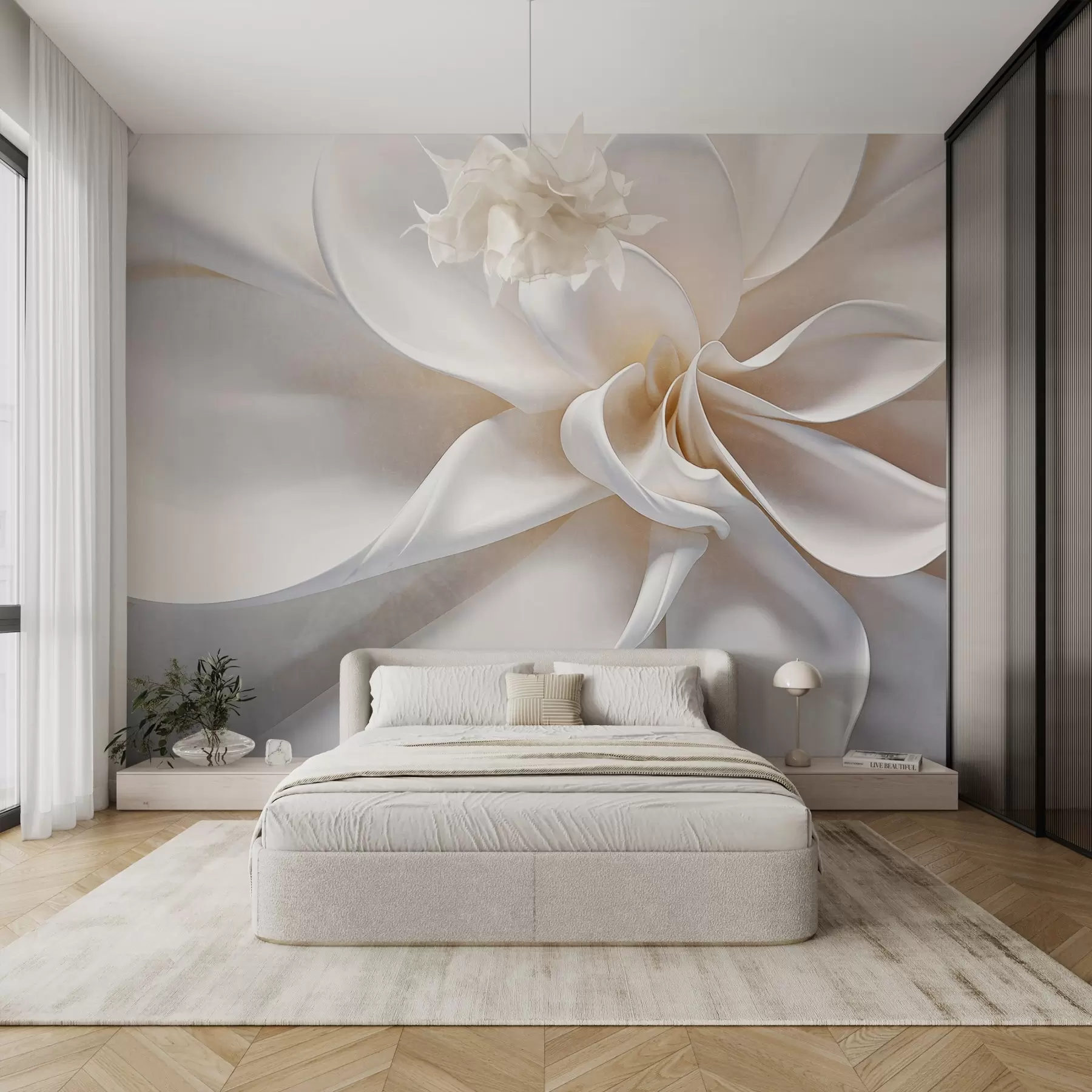 Fototapet En vit pastellfärgad texturerad minimalistisk blomma med mjuka kronblad, lätt och luftig, på en vit bakgrund w08868