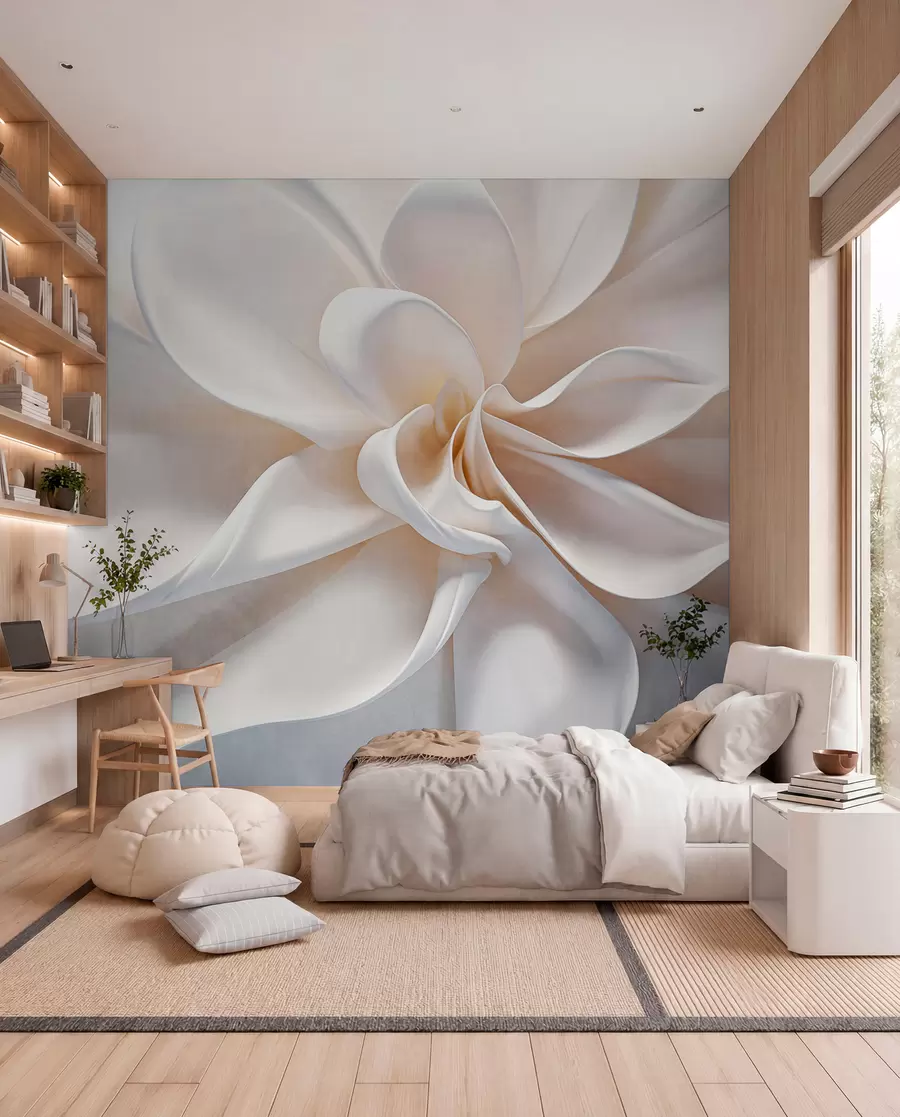 Fototapet En vit pastellfärgad texturerad minimalistisk blomma med mjuka kronblad, lätt och luftig, på en vit bakgrund w08868
