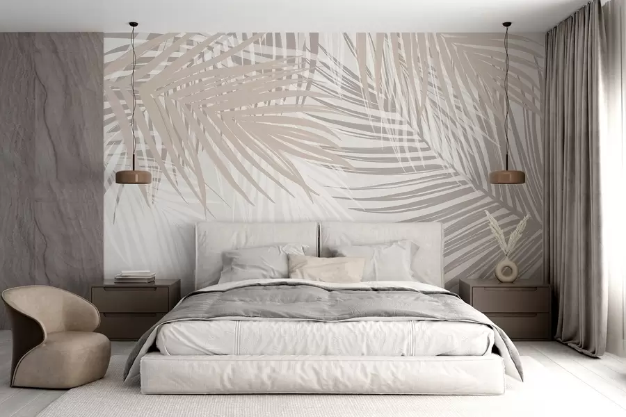 Fototapet Palmblad i ljusa beige och vita toner, tropiskt bladverk, mjuka pastellfärger, minimalistisk design w08869