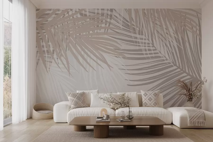 Fototapet Palmblad i ljusa beige och vita toner, tropiskt bladverk, mjuka pastellfärger, minimalistisk design w08869