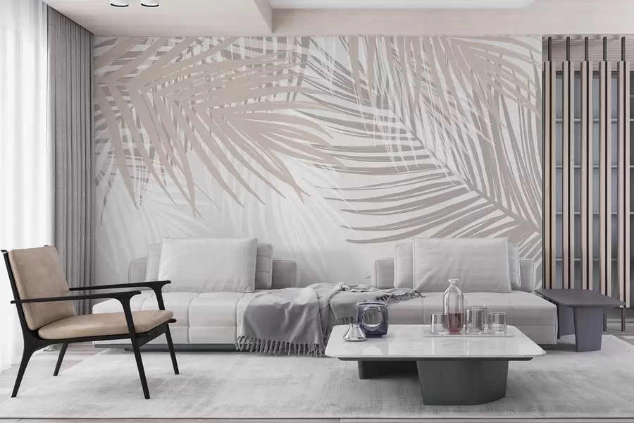 Fototapet Palmblad i ljusa beige och vita toner, tropiskt bladverk, mjuka pastellfärger, minimalistisk design w08869