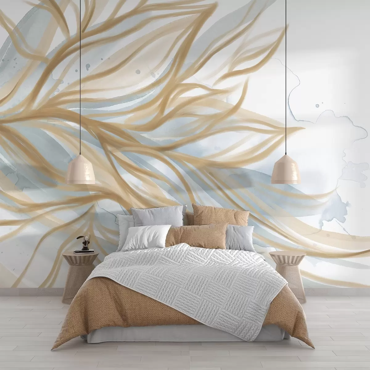 Fototapet Abstrakta gula blad med blå akvarellbakgrund, mjuka och skira, organiska former, flödande linjer w08871