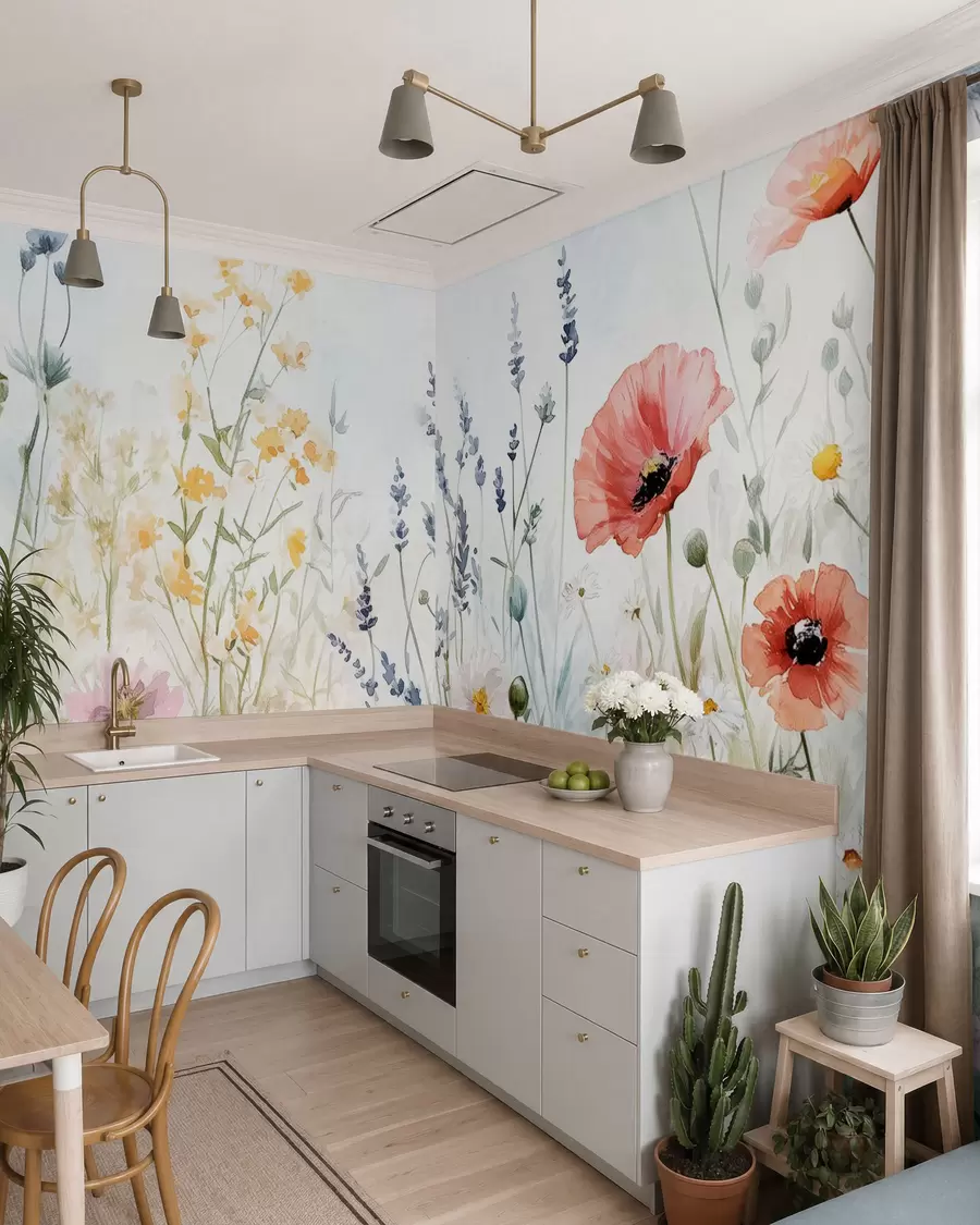Fototapet vildblommor och vallmo i strecktekniken w03281