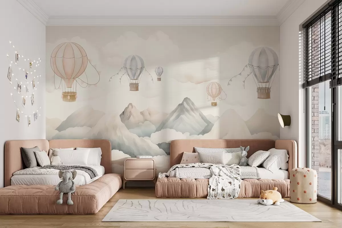 Fototapet Varmluftsballonger som svävar över berg i neutrala, mjuka pastellfärger w08853
