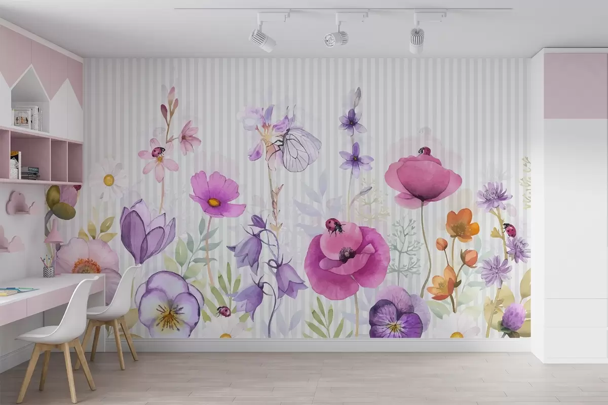 Fototapet Ljusa vildblommor på en randig bakgrund w03295