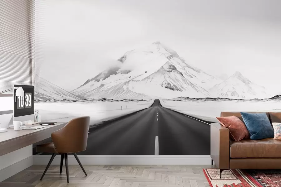 Fototapet Ett svartvitt landskap med en väg som leder till bergen med en lätt dimma w08876