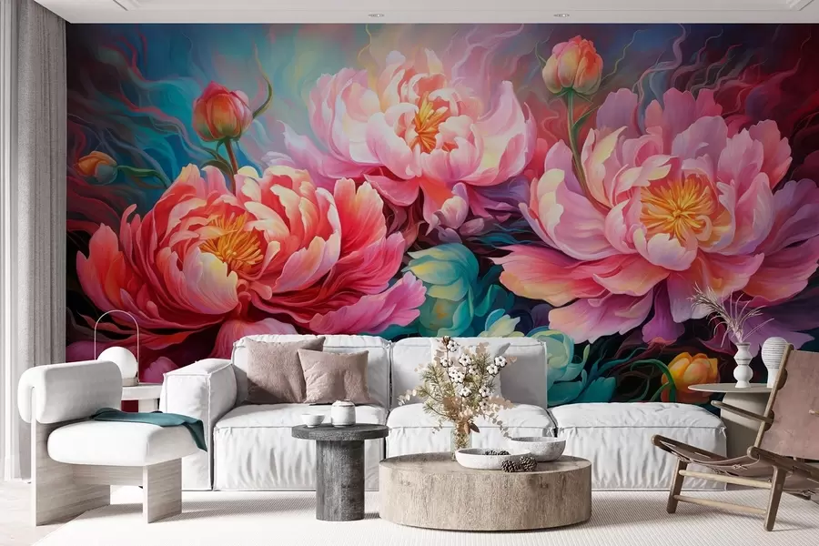 Fototapet Sagolikt rosa pioner i penseldragsstil w08879
