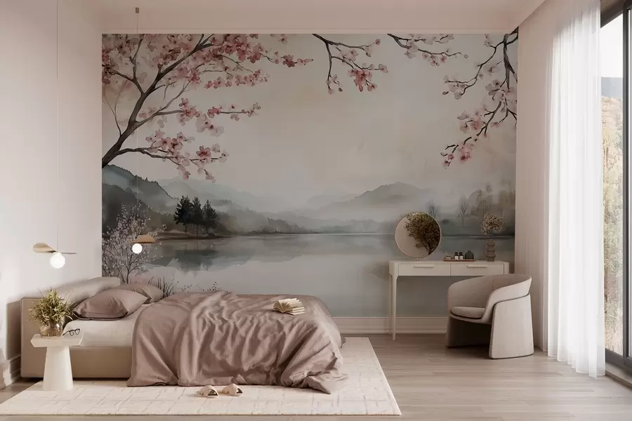 Fototapet lugnt akvarellandskap med en sjö och ett blommande träd w03282