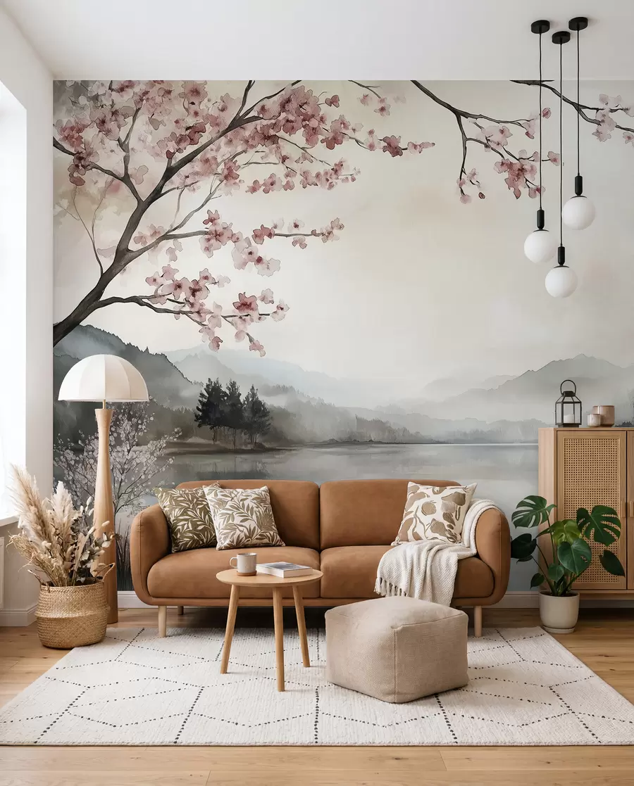 Fototapet lugnt akvarellandskap med en sjö och ett blommande träd w03282