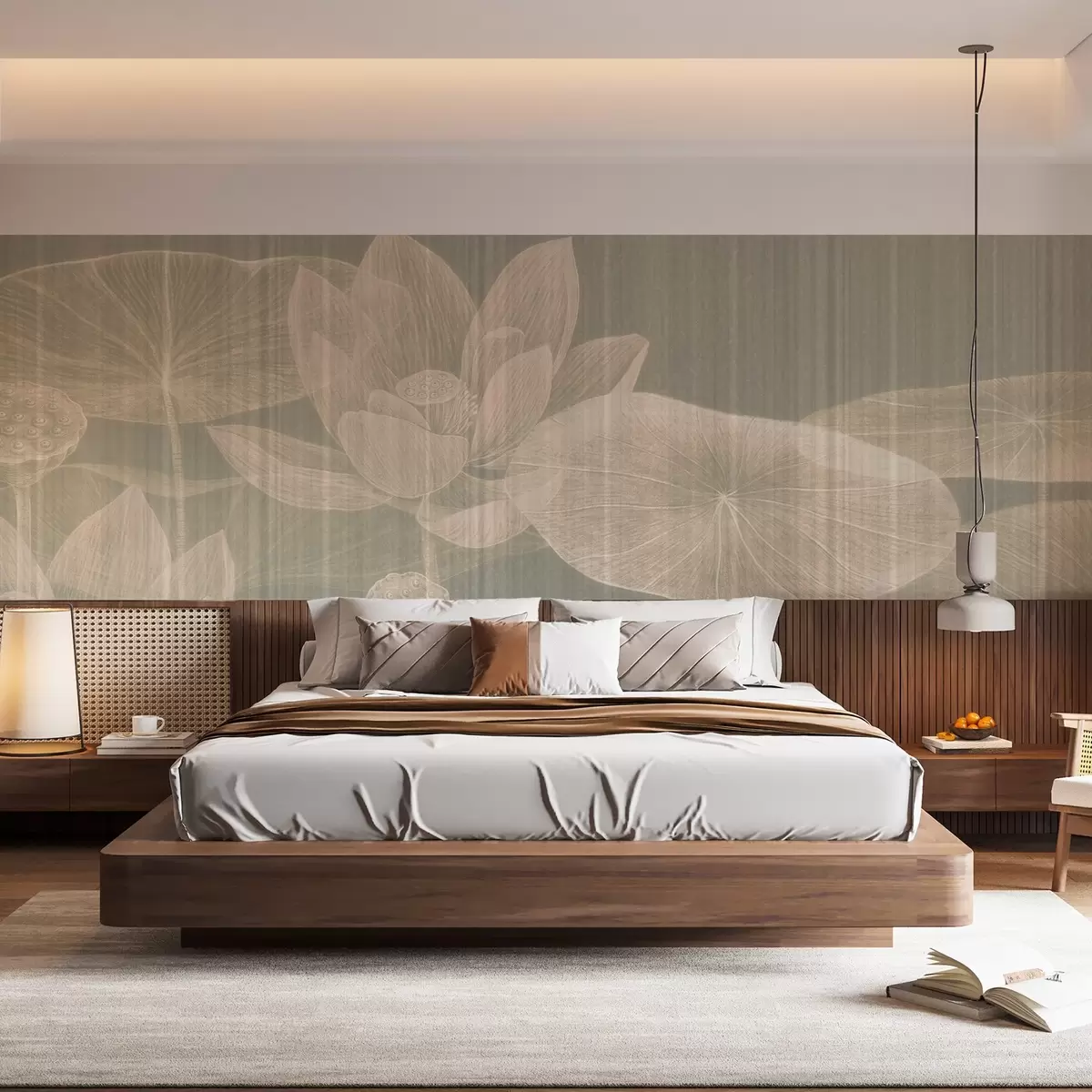 Fototapet Elegant illustration av lotusblommor och näckrosblad i pastellfärger med en texturerad linneeffekt, w03324