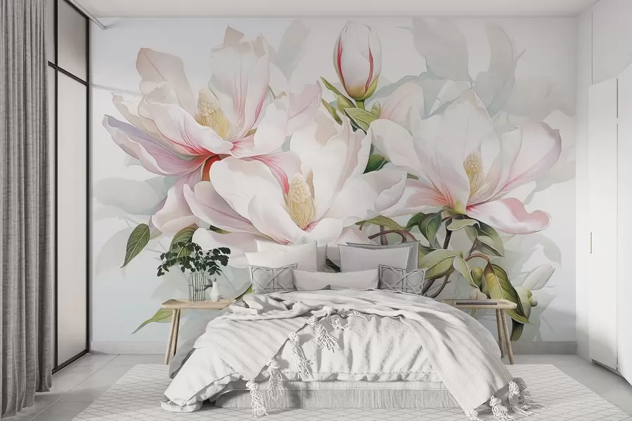 Fototapet Magnoliablommor med vita och rosa kronblad, blad och bruna grenar, mjuk och känslig akvarellstil w08885