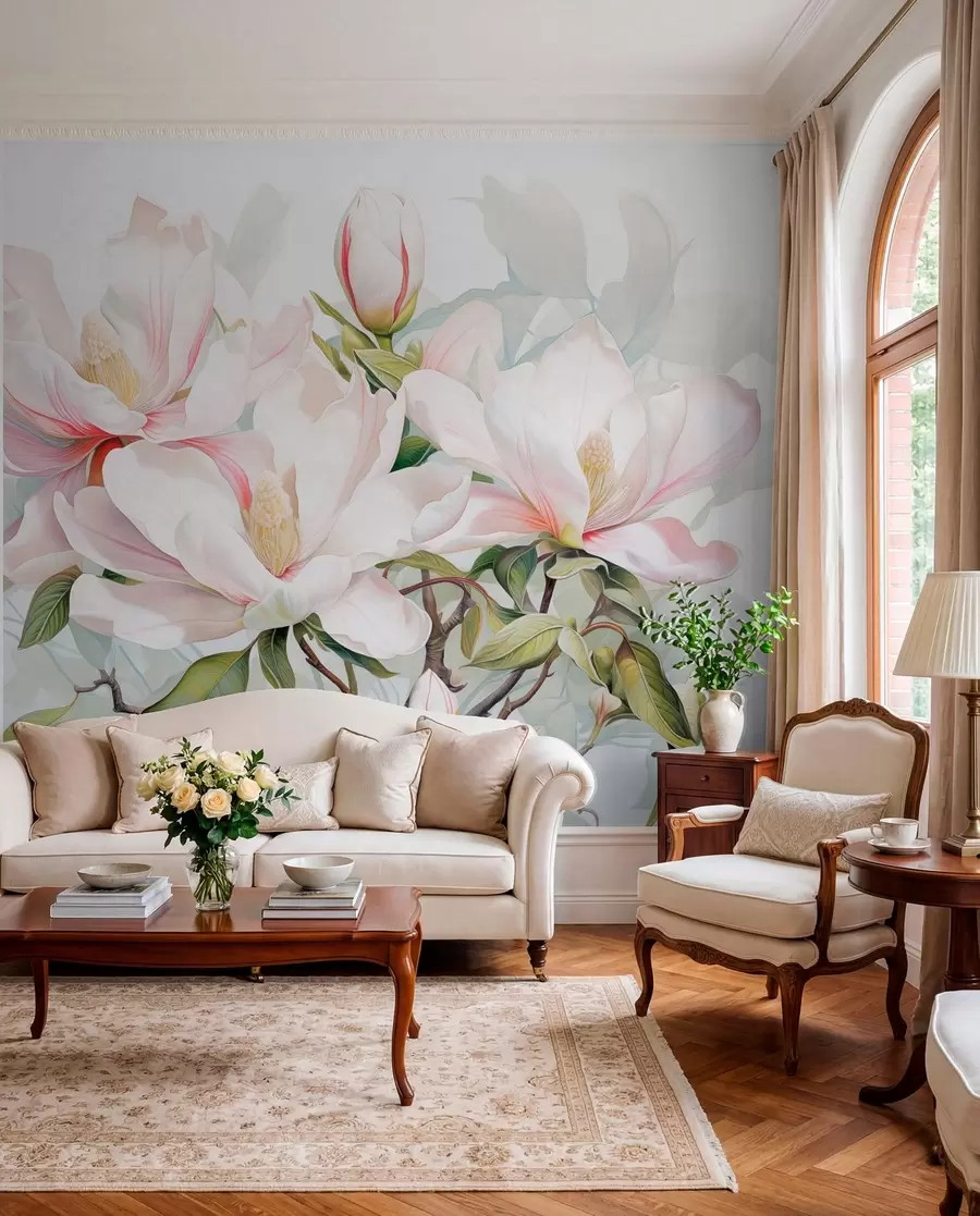 Fototapet Magnoliablommor med vita och rosa kronblad, blad och bruna grenar, mjuk och känslig akvarellstil w08885