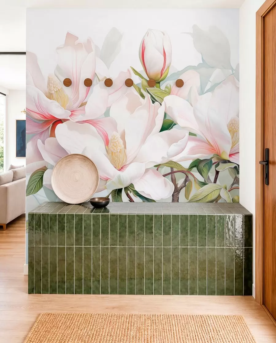 Fototapet Magnoliablommor med vita och rosa kronblad, blad och bruna grenar, mjuk och känslig akvarellstil w08885