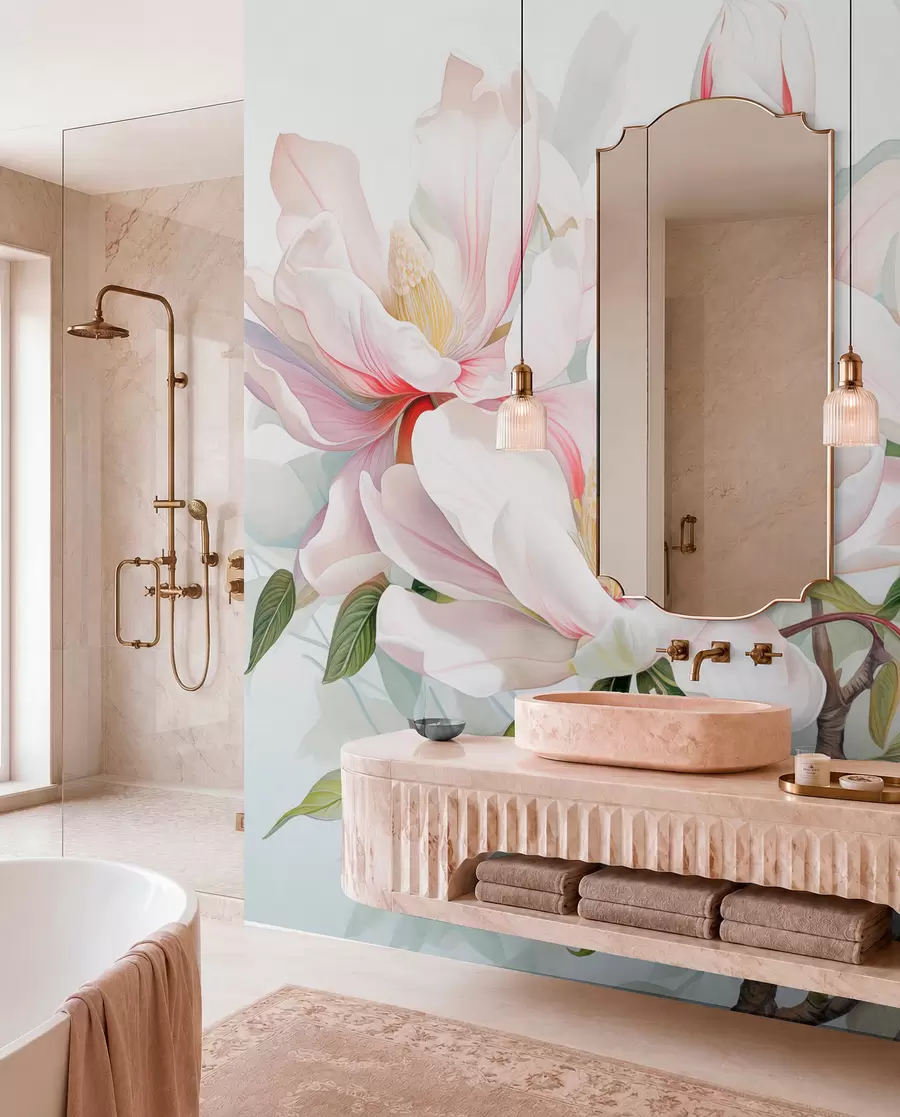 Fototapet Magnoliablommor med vita och rosa kronblad, blad och bruna grenar, mjuk och känslig akvarellstil w08885