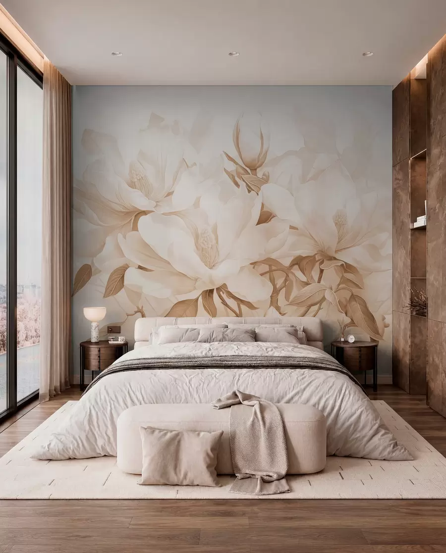 Fototapet Magnoliablommor med vita och beige kronblad, blad och bruna grenar, mjuk och känslig akvarellstil w08886