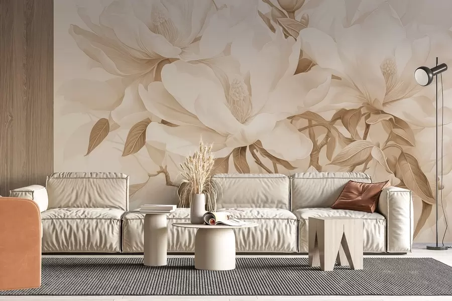 Fototapet Magnoliablommor med vita och beige kronblad, blad och bruna grenar, mjuk och känslig akvarellstil w08886
