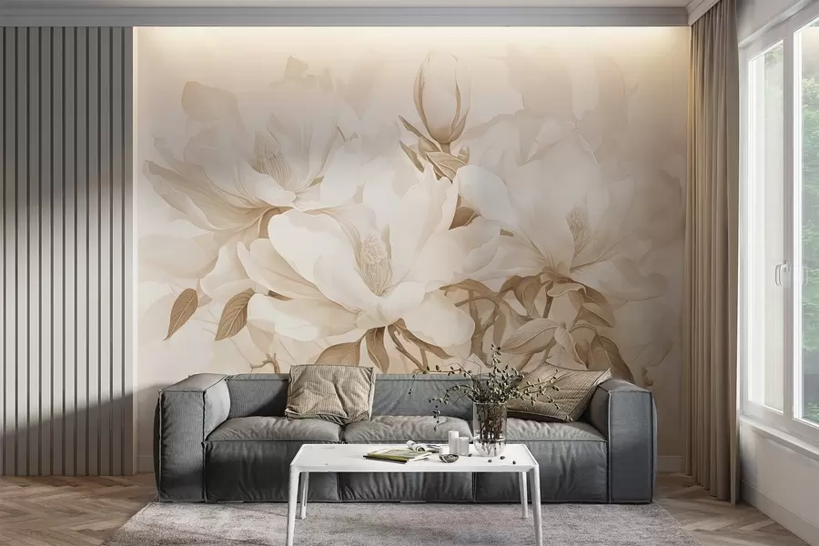 Fototapet Magnoliablommor med vita och beige kronblad, blad och bruna grenar, mjuk och känslig akvarellstil w08886