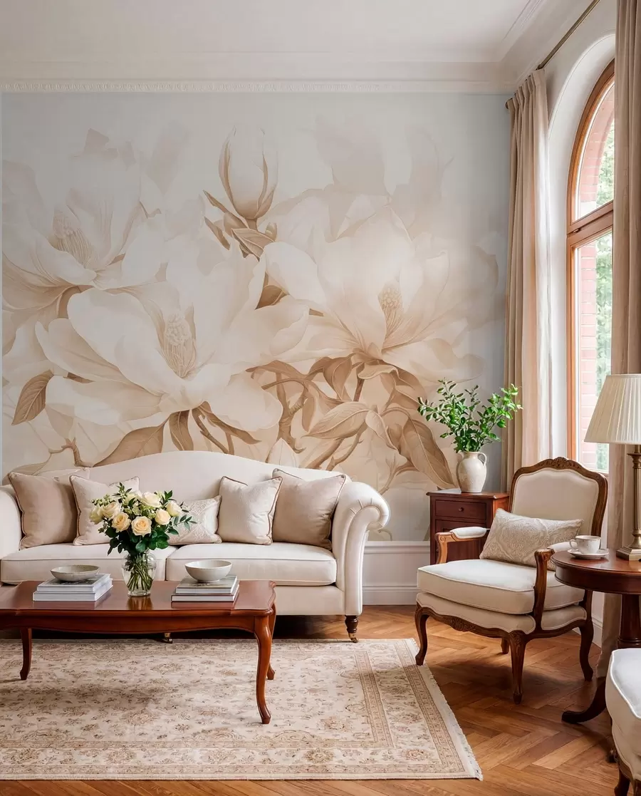 Fototapet Magnoliablommor med vita och beige kronblad, blad och bruna grenar, mjuk och känslig akvarellstil w08886