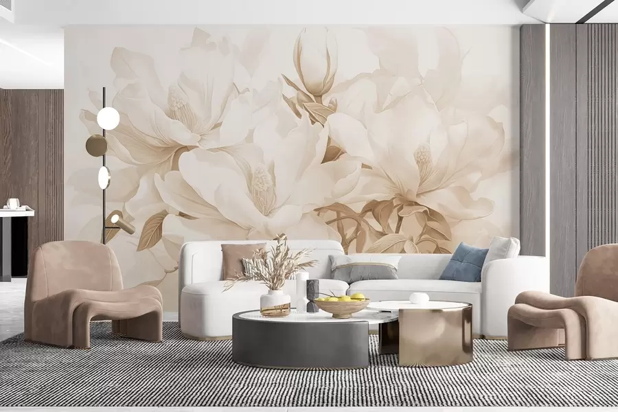 Fototapet Magnoliablommor med vita och beige kronblad, blad och bruna grenar, mjuk och känslig akvarellstil w08886