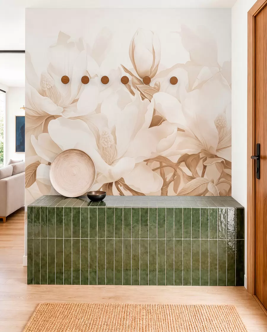 Fototapet Magnoliablommor med vita och beige kronblad, blad och bruna grenar, mjuk och känslig akvarellstil w08886