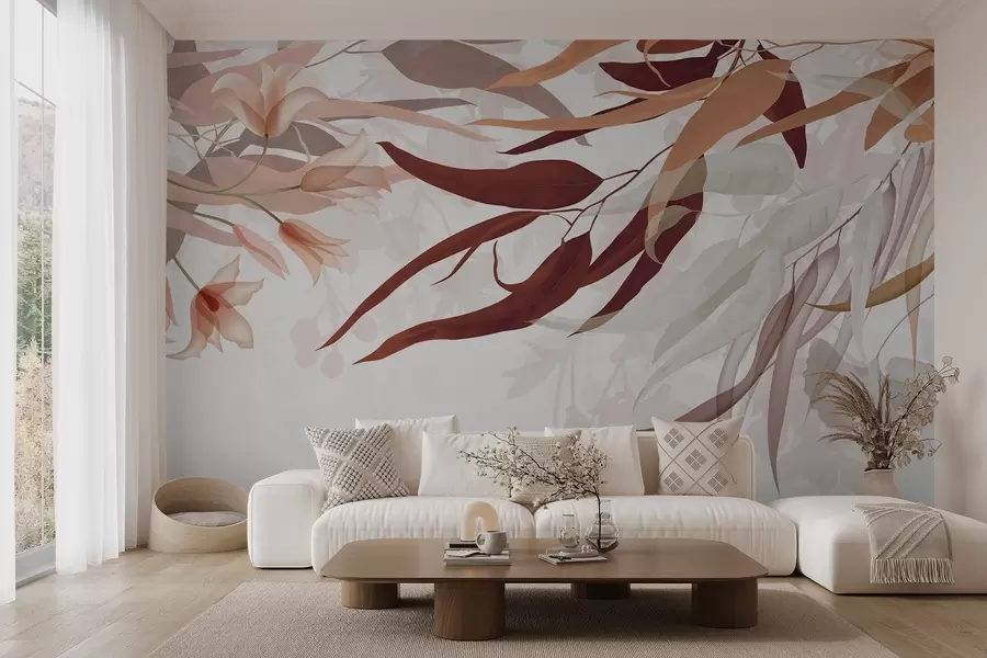 Fototapet Eukalyptusblad i nyanser av bordo, beige och vitt med skira blommor och grenar på en vit bakgrund w08887