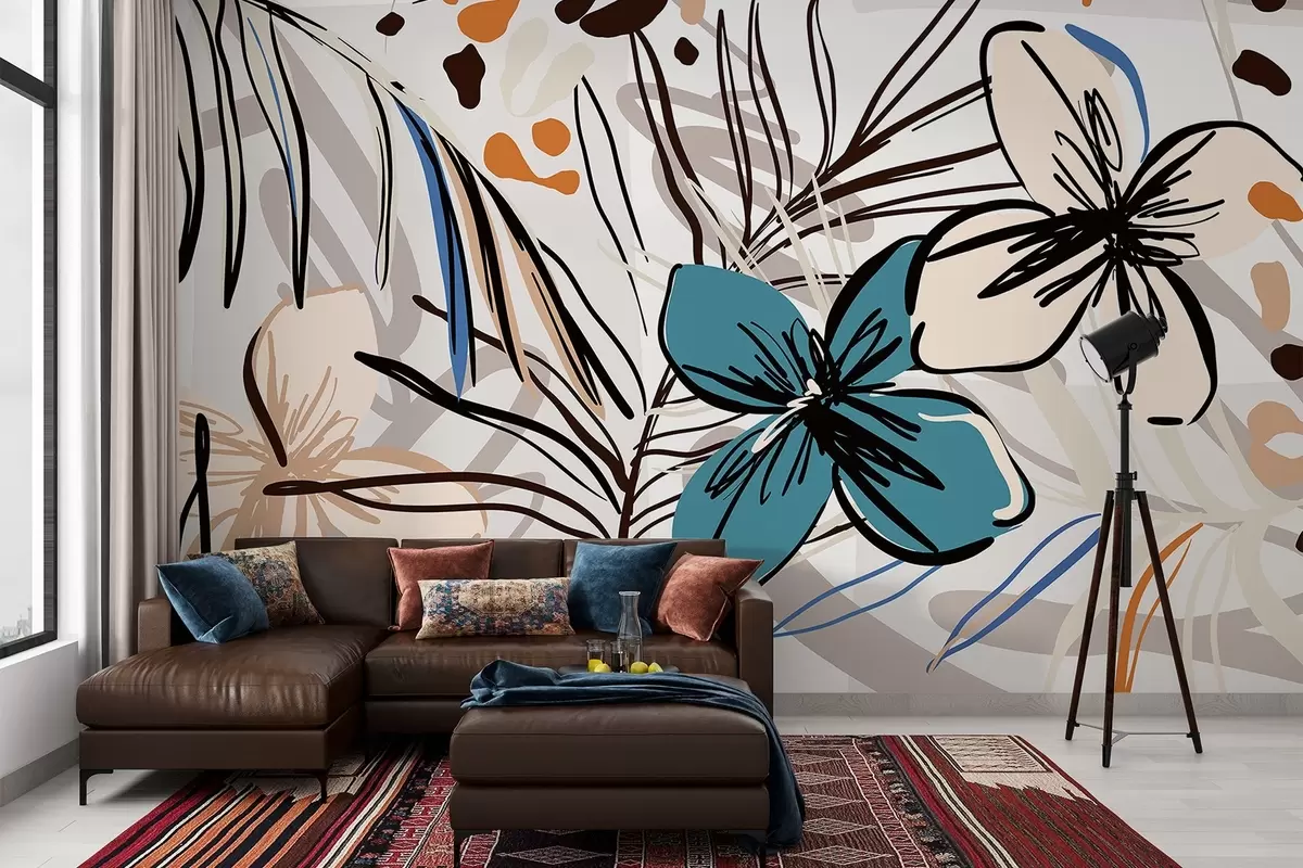 Fototapet Modernt abstrakt tryck med tropiska palmblad, blå och beige blommor, svarta linjer, ljus bakgrund w08889