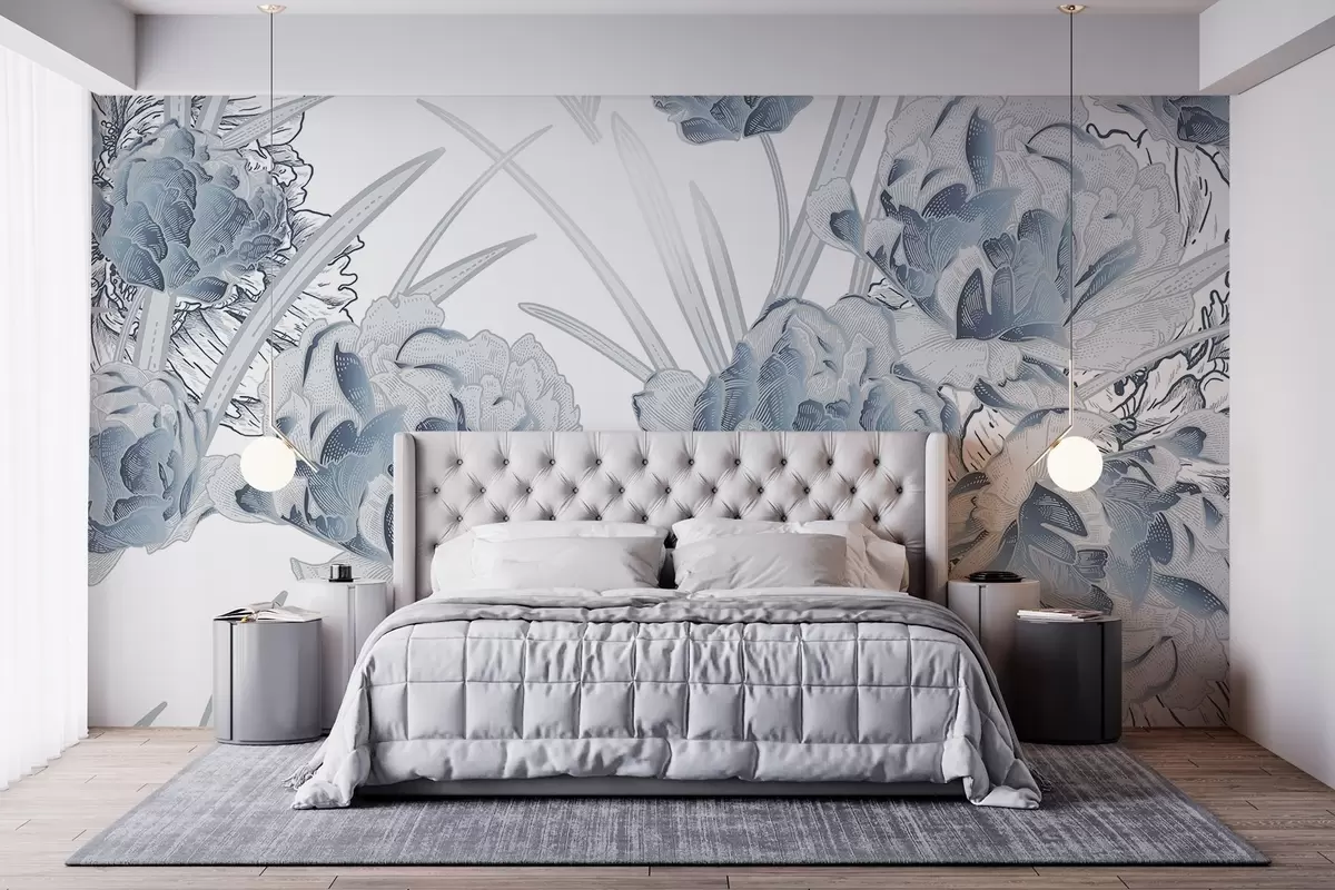 Fototapet Blå pioner med blad på en vit bakgrund, blommig design, botanisk illustration  w08896