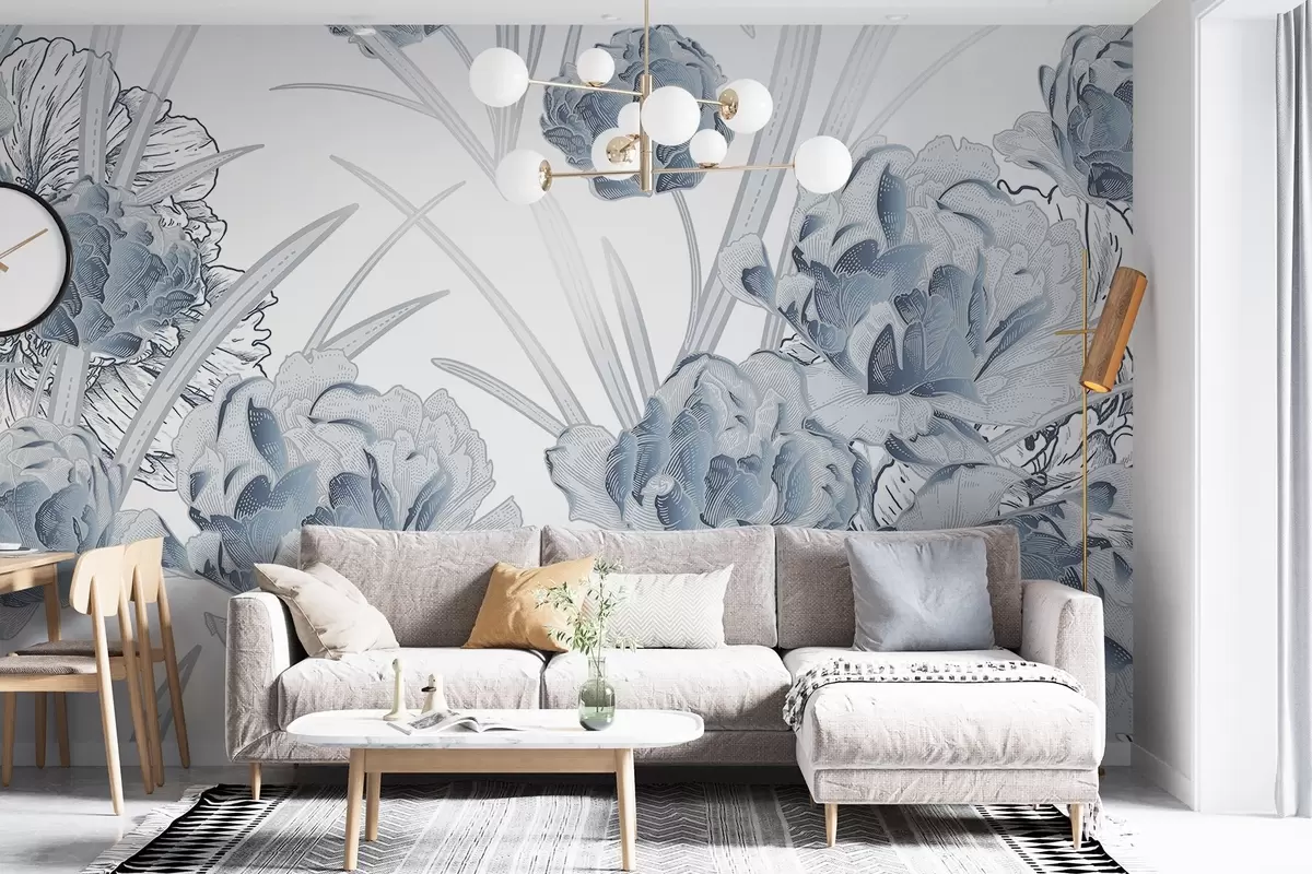 Fototapet Blå pioner med blad på en vit bakgrund, blommig design, botanisk illustration  w08896