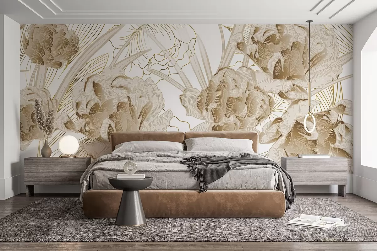 Fototapet Beige pioner med blad på en vit bakgrund, blommig design, botanisk illustration  w08897