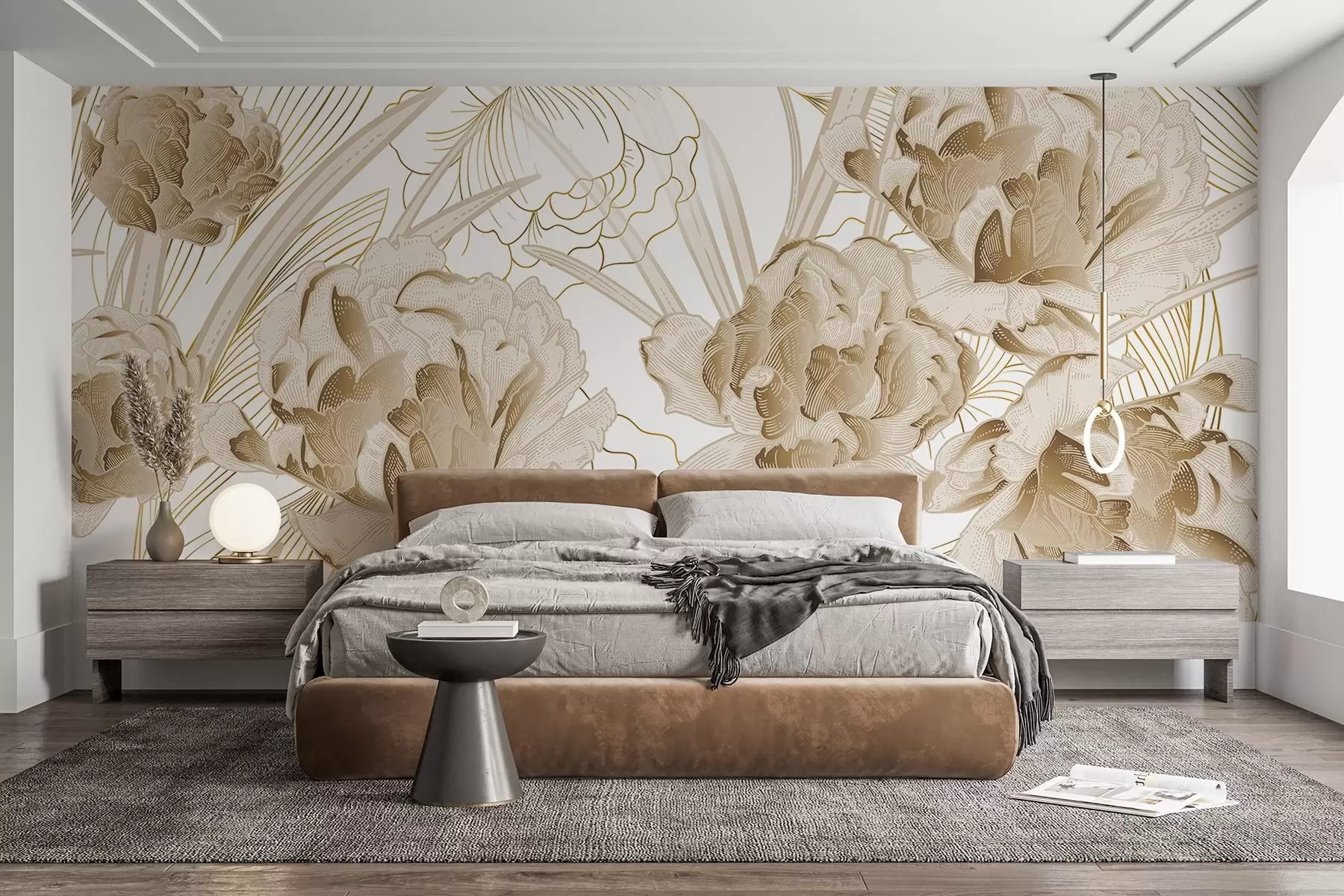 Fototapet Beige pioner med blad på en vit bakgrund, blommig design, botanisk illustration  w08897