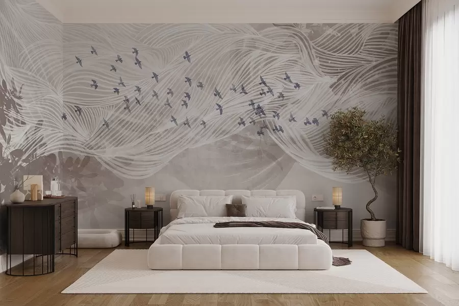 Fototapet Flock fåglar som flyger över abstrakt linjekonst landskap texturerat beige vågor, mjuka färger, minimalistisk design  w08898