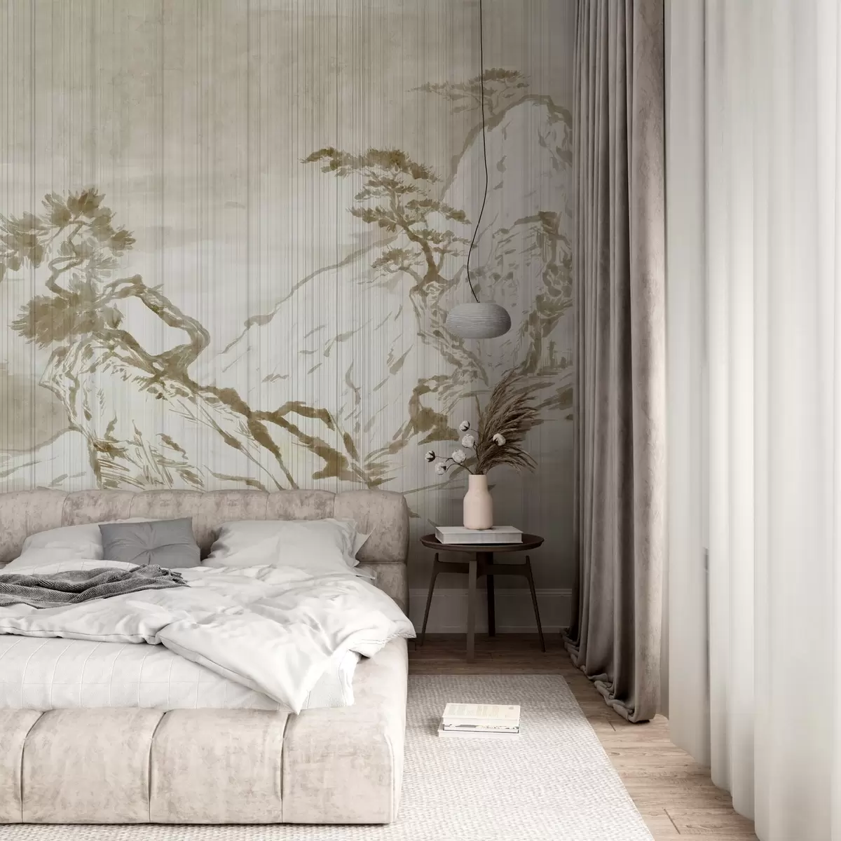 Fototapet Traditionell kinesisk monokrom landskapsillustration med berg, träd och dimma w03379