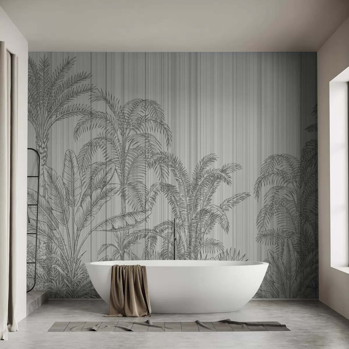 Fototapet Vintageillustration av tropiska växter och palmer på en texturerad bakgrund,grå bakgrund w03383v1