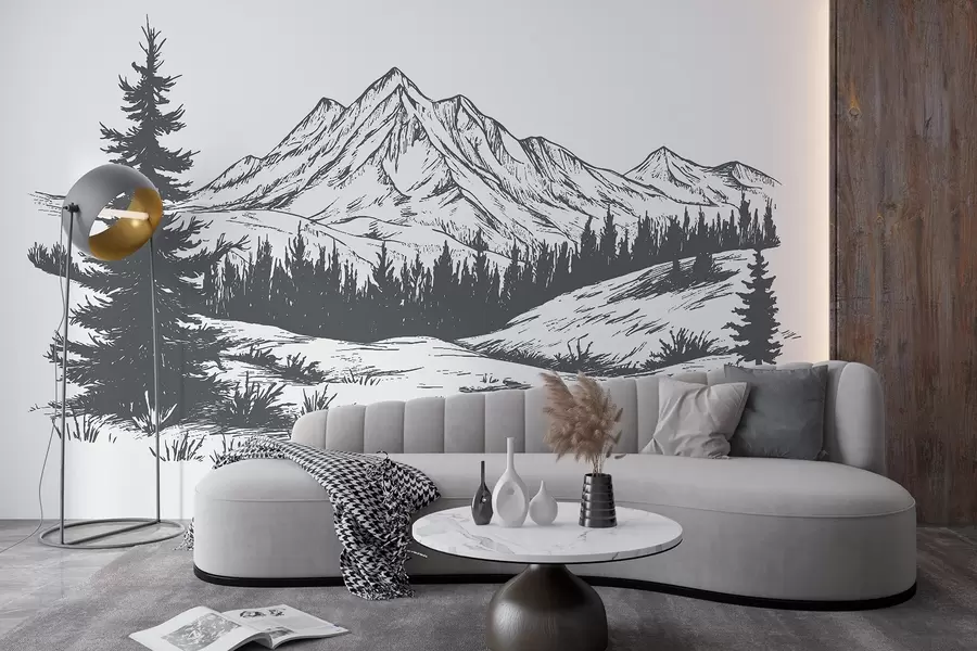 Fototapet Bergslandskap med tallar, skog, natur, mörkgrå färg w03344