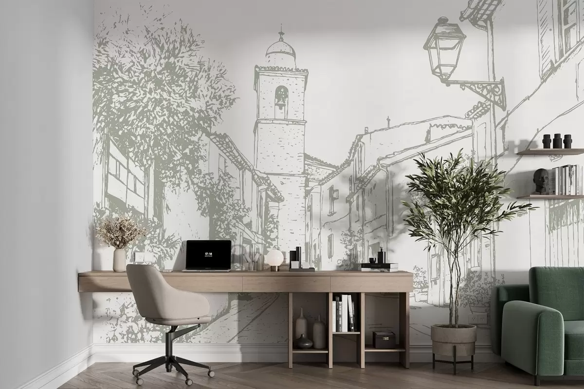 Fototapet Stadsgata, vacker arkitektur, byggnader, Medelhavet, linjeteckning, olivfärg w03345