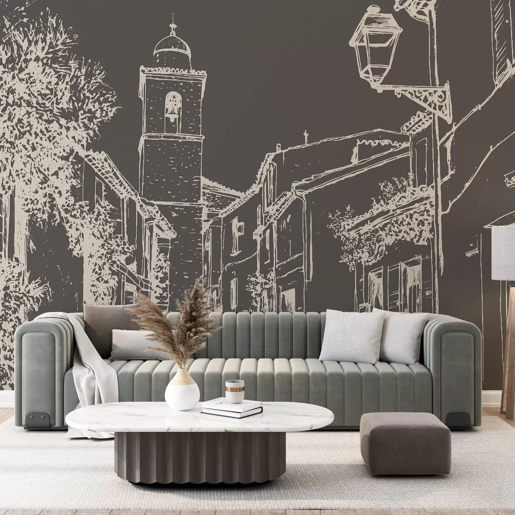 Fototapet Stadsgata, vacker arkitektur, byggnader, Medelhavet, linjeteckning, mörk färg w03345v2