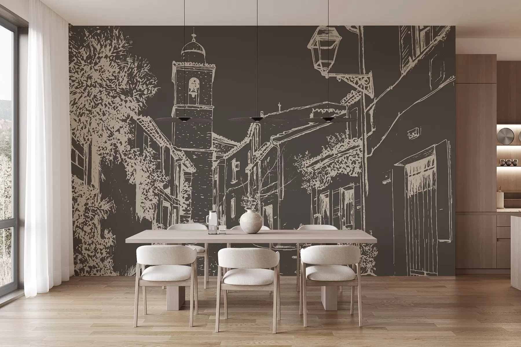 Fototapet Stadsgata, vacker arkitektur, byggnader, Medelhavet, linjeteckning, mörk färg w03345v2