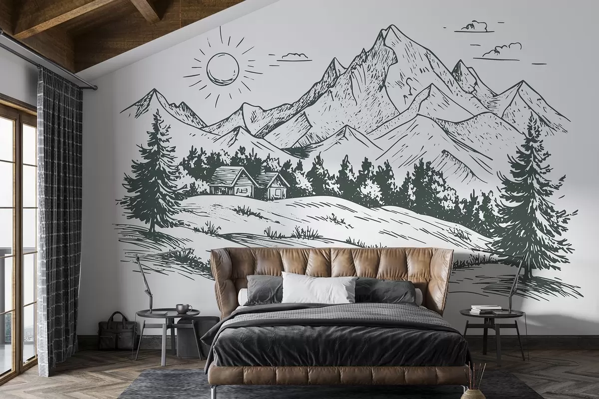 Fototapet Bergsteckning, naturlandskap, skog, trähus, grön färg w03347