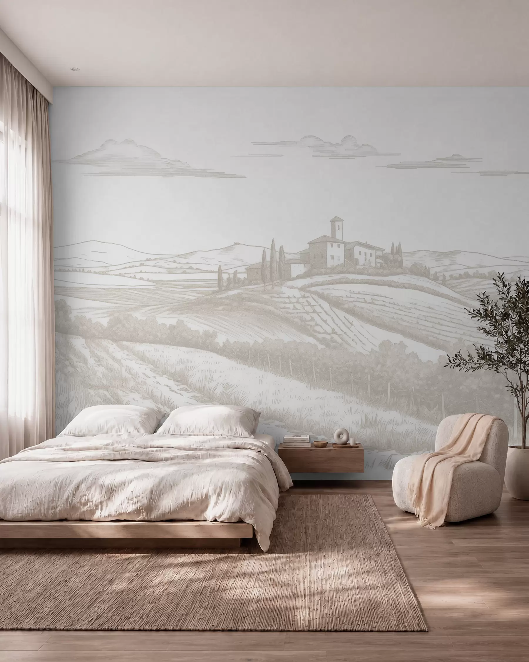 Fototapet Toscana landskap, Italien, vingårdar, natur, gammalt slott, beige färger w03349