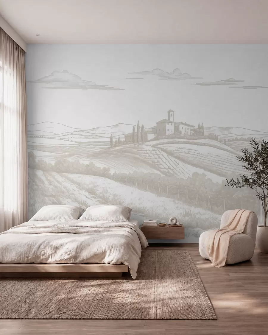 Fototapet Toscana landskap, Italien, vingårdar, natur, gammalt slott, beige färger w03349