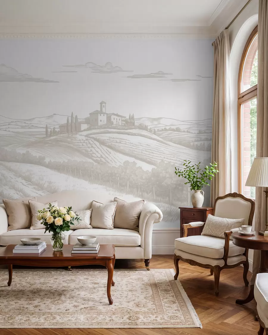 Fototapet Toscana landskap, Italien, vingårdar, natur, gammalt slott, beige färger w03349
