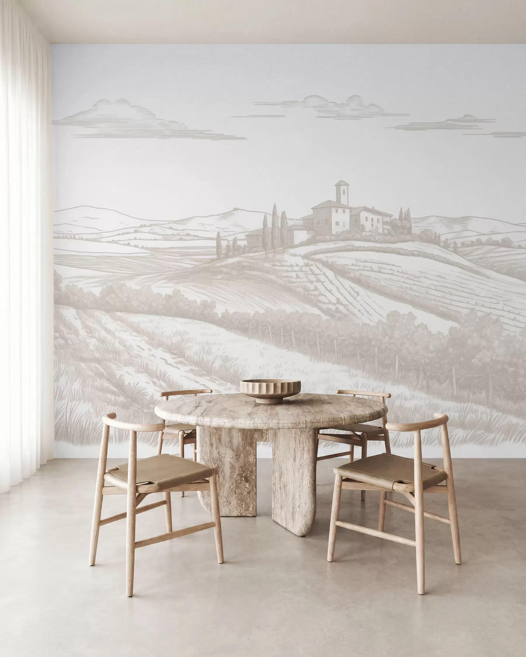 Fototapet Toscana landskap, Italien, vingårdar, natur, gammalt slott, beige färger w03349