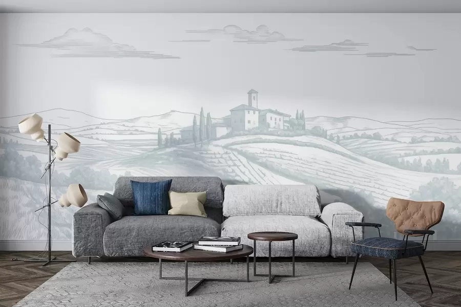 Fototapet Toscana landskap, Italien, vingårdar, natur, gammalt slott, blå färger w03349v1