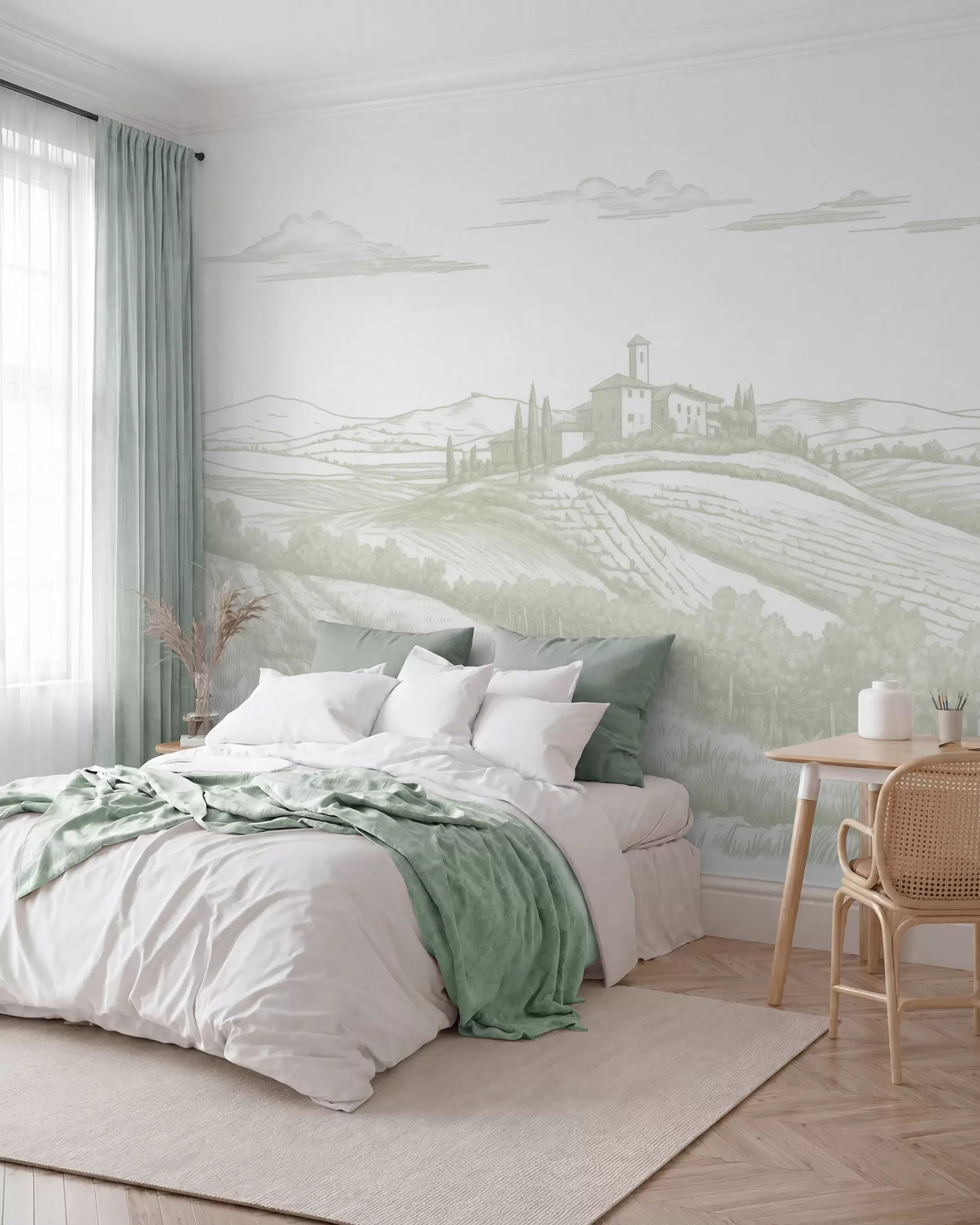 Fototapet Toscana landskap, Italien, vingårdar, natur, gammalt slott, gröna färger w03349v2