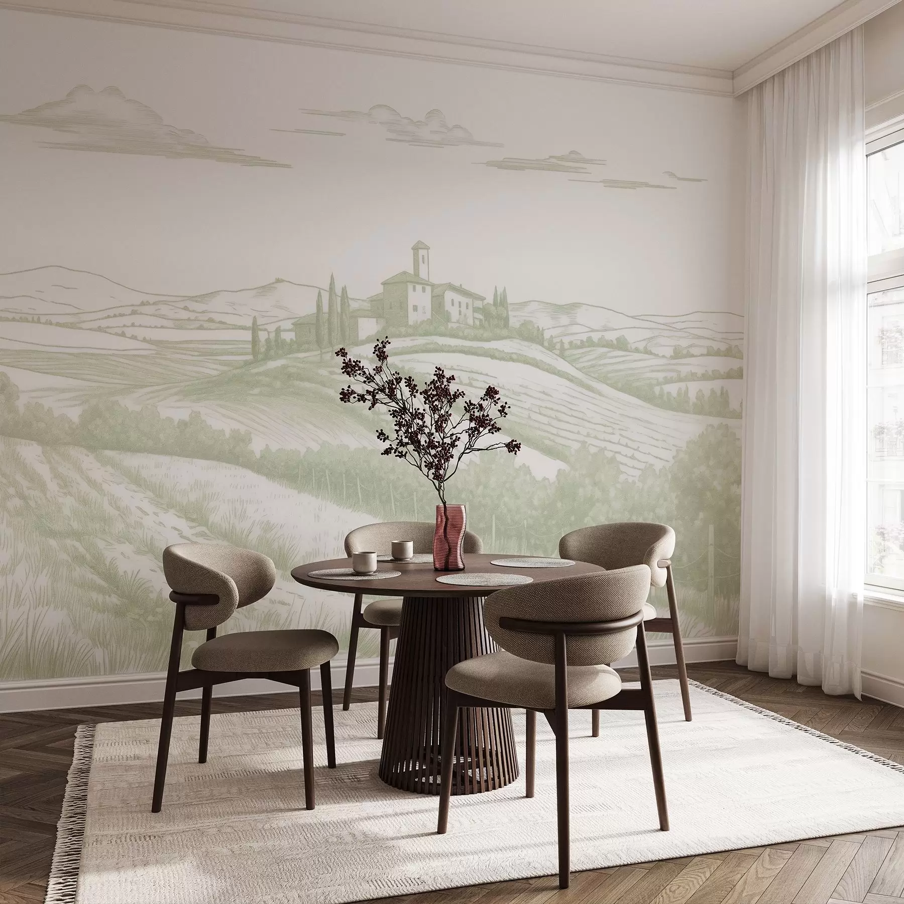 Fototapet Toscana landskap, Italien, vingårdar, natur, gammalt slott, gröna färger w03349v2