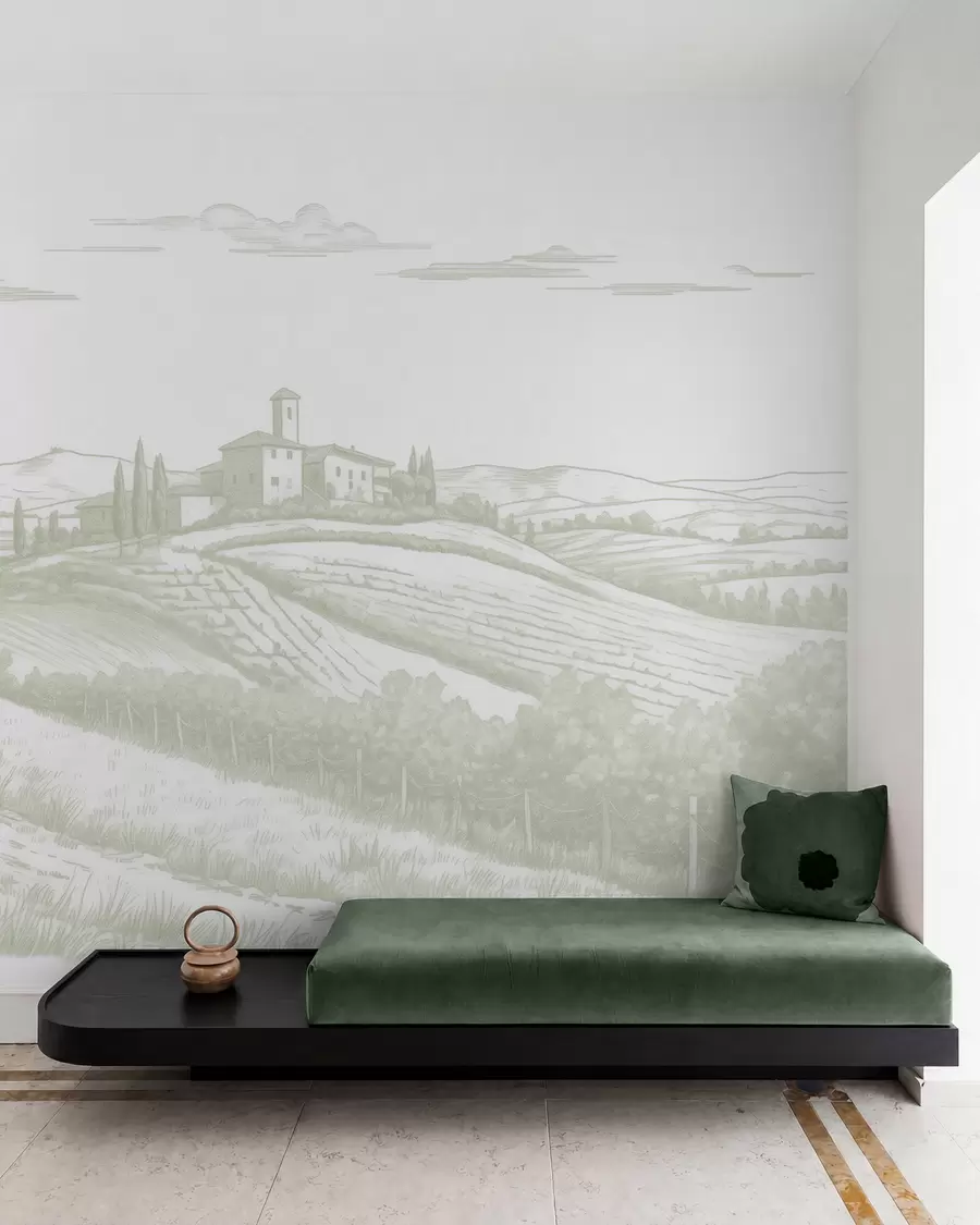 Fototapet Toscana landskap, Italien, vingårdar, natur, gammalt slott, gröna färger w03349v2
