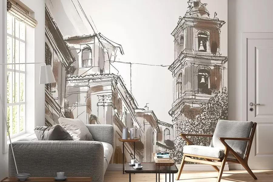 Fototapet Medelhavsstadsgata, kapell, arkitektur, beige och bruna färger w03350v1