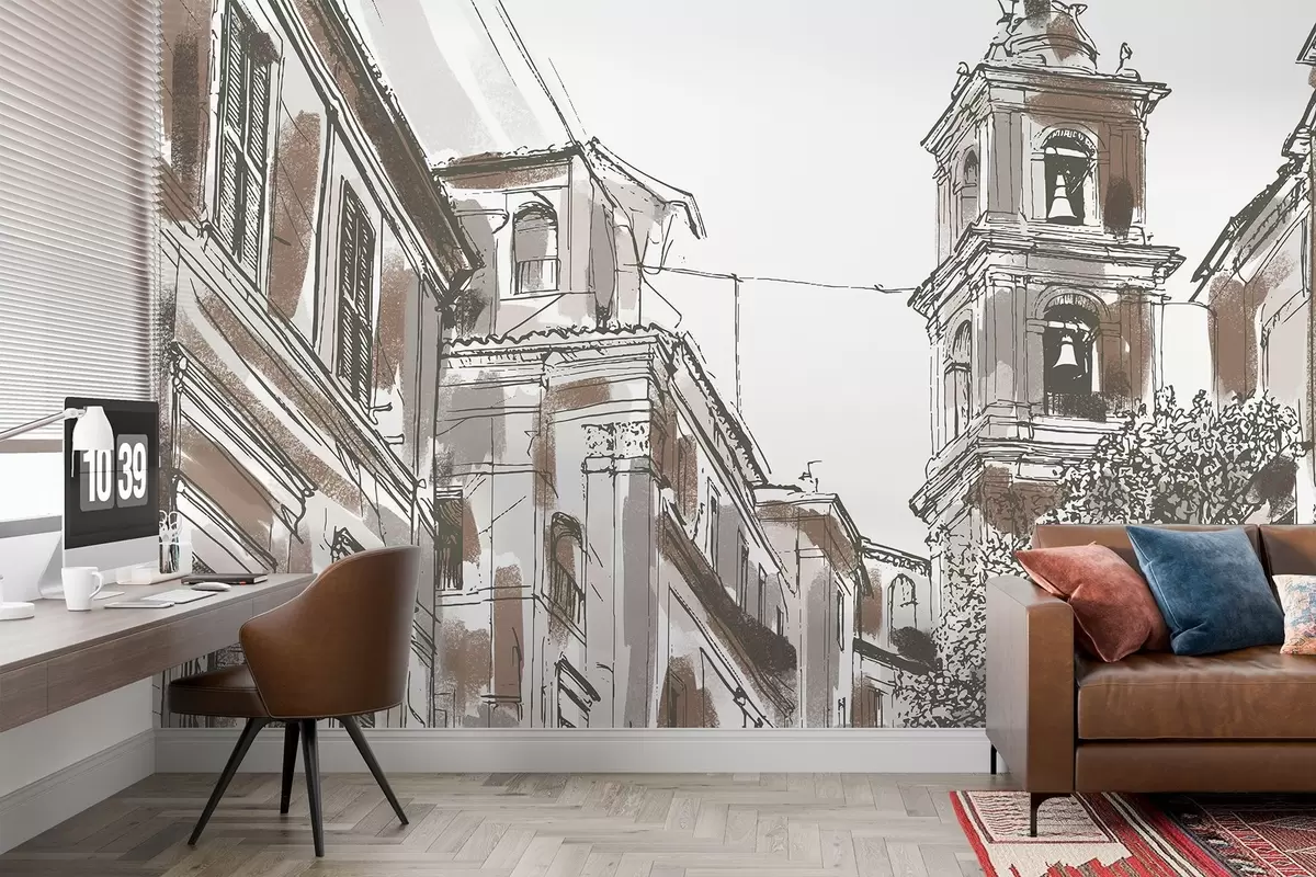 Fototapet Medelhavsstadsgata, kapell, arkitektur, beige och bruna färger w03350v1